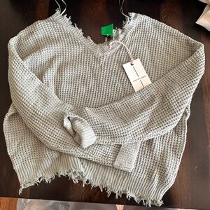 Gray/ Green Frayed Hem Women Sweater